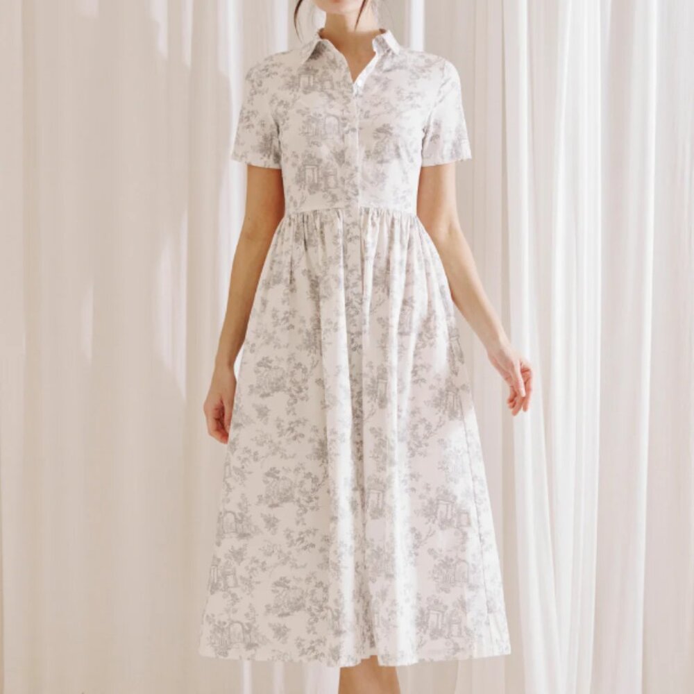 Boutique 1861 Vintage Elegance Gray Toile Midi Dress| Easter Church Dress